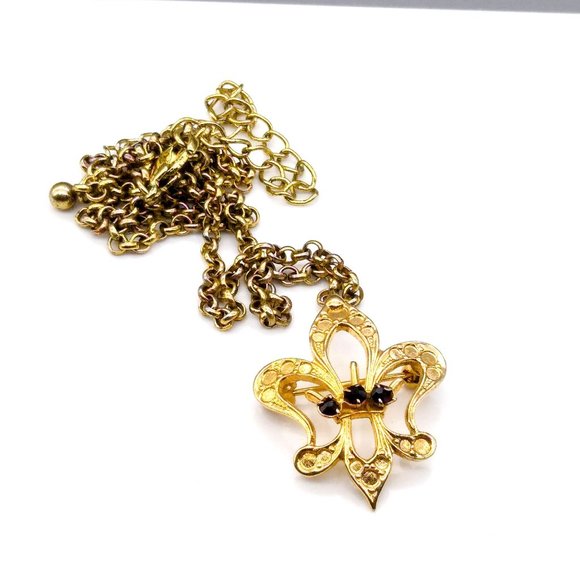 Vintage Fleur de Lis Pendant Brooch, Elegant Gold Gold French Symbol Pin - Picture 2 of 5